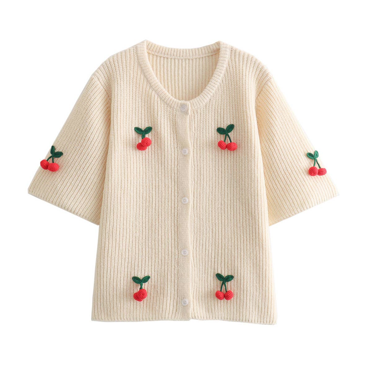Cherry-Embellished Cropped Knitted Sweater Cardigan