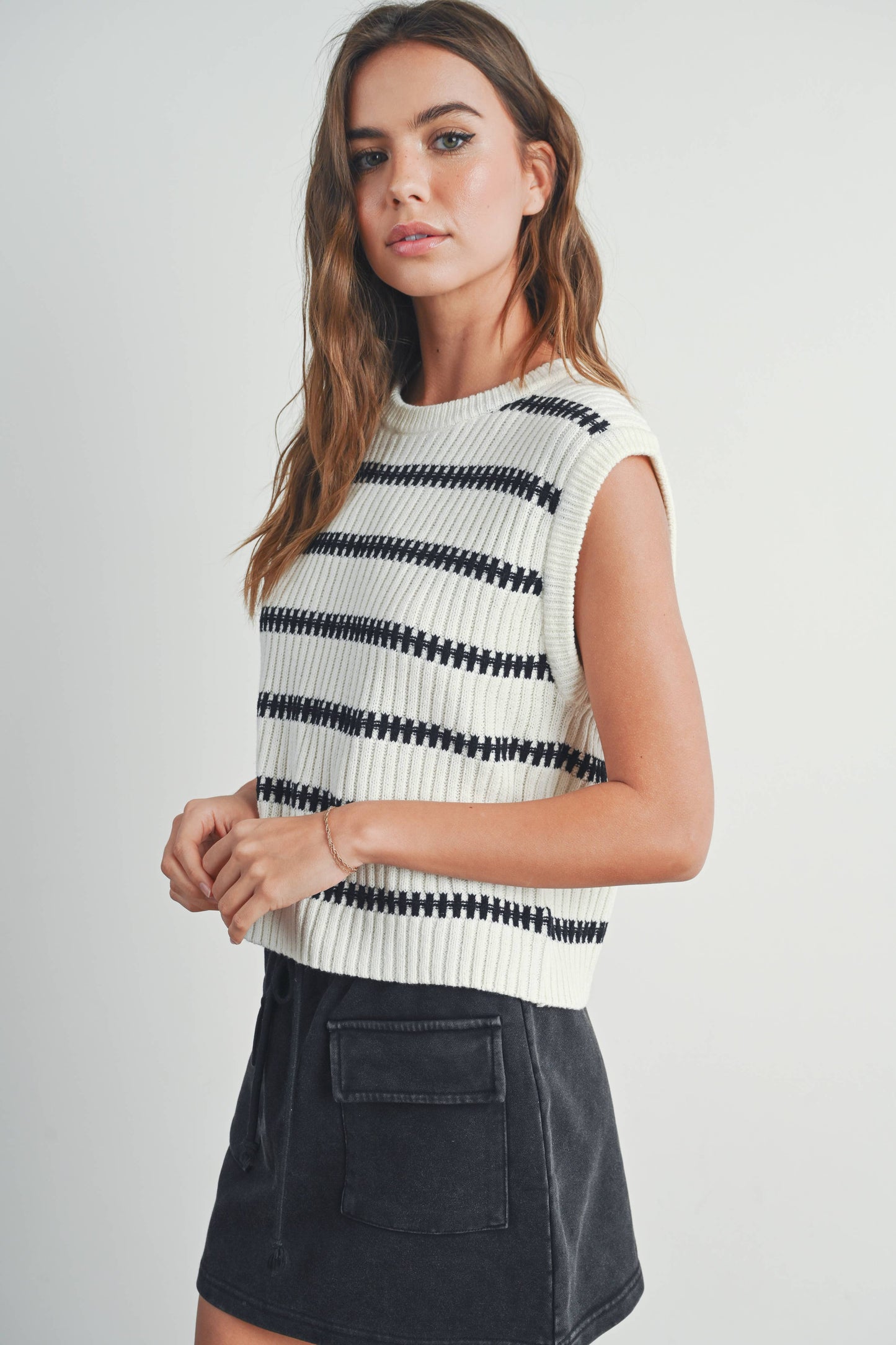 Crew Neck Striped Knit Tank Top