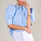 Collared Neckline Puff Sleeve Stripe Print Blouse Top