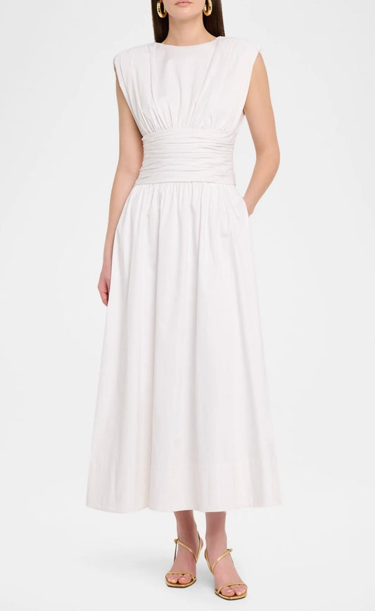 EVANGELINE STRONG SHOULDER RUCHED MIDI DRESS