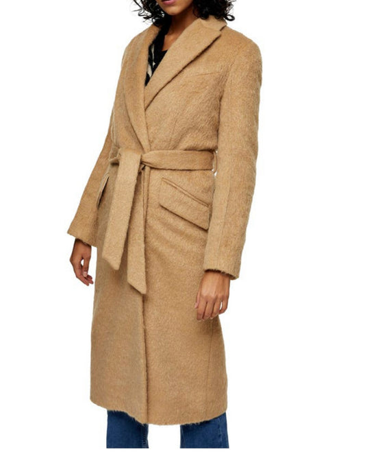 Topshop Belted Waist Snap Front Wool Coat Long Sleeve Camel Brown Size us 8