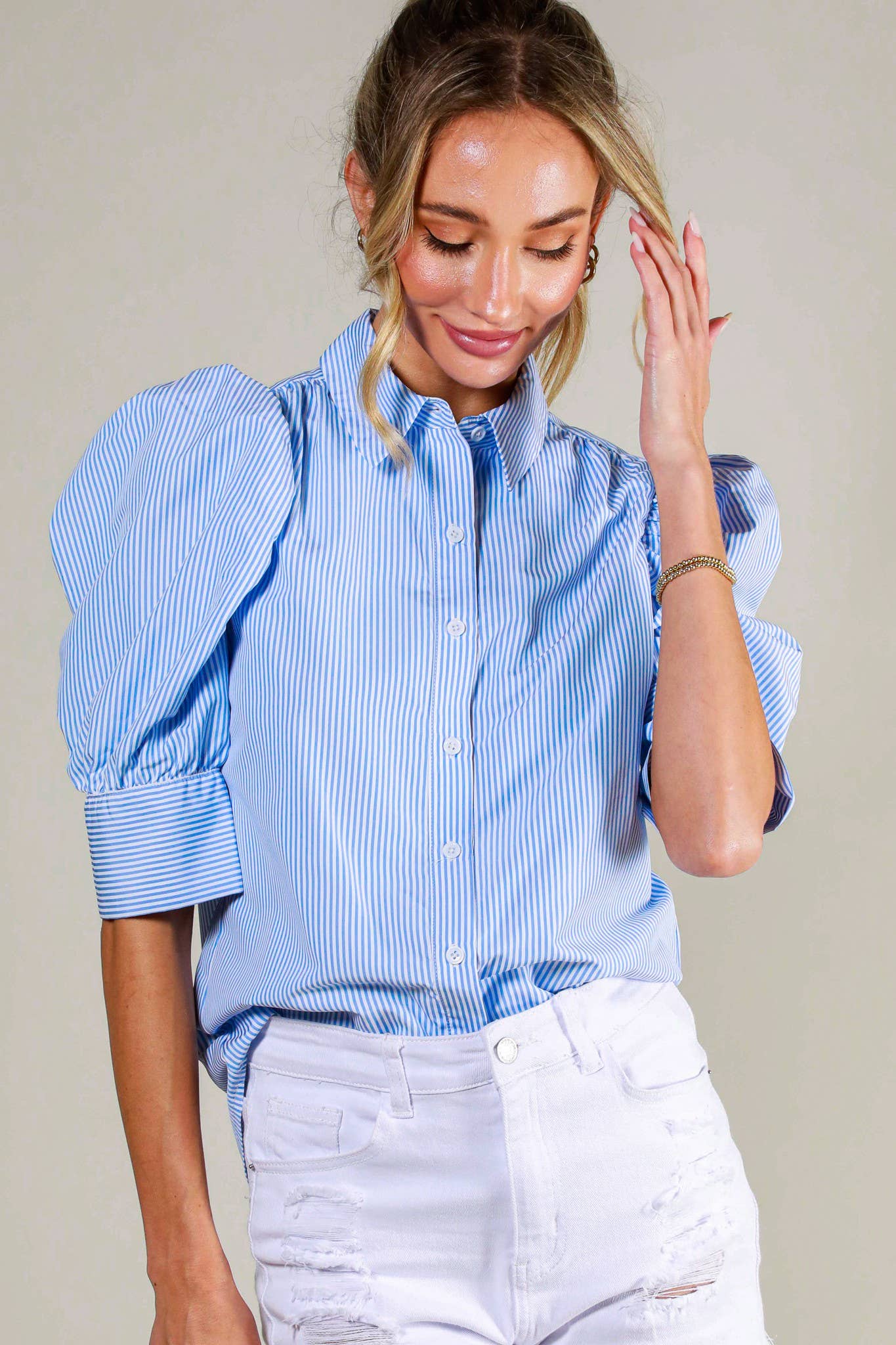 Collared Neckline Puff Sleeve Stripe Print Blouse Top