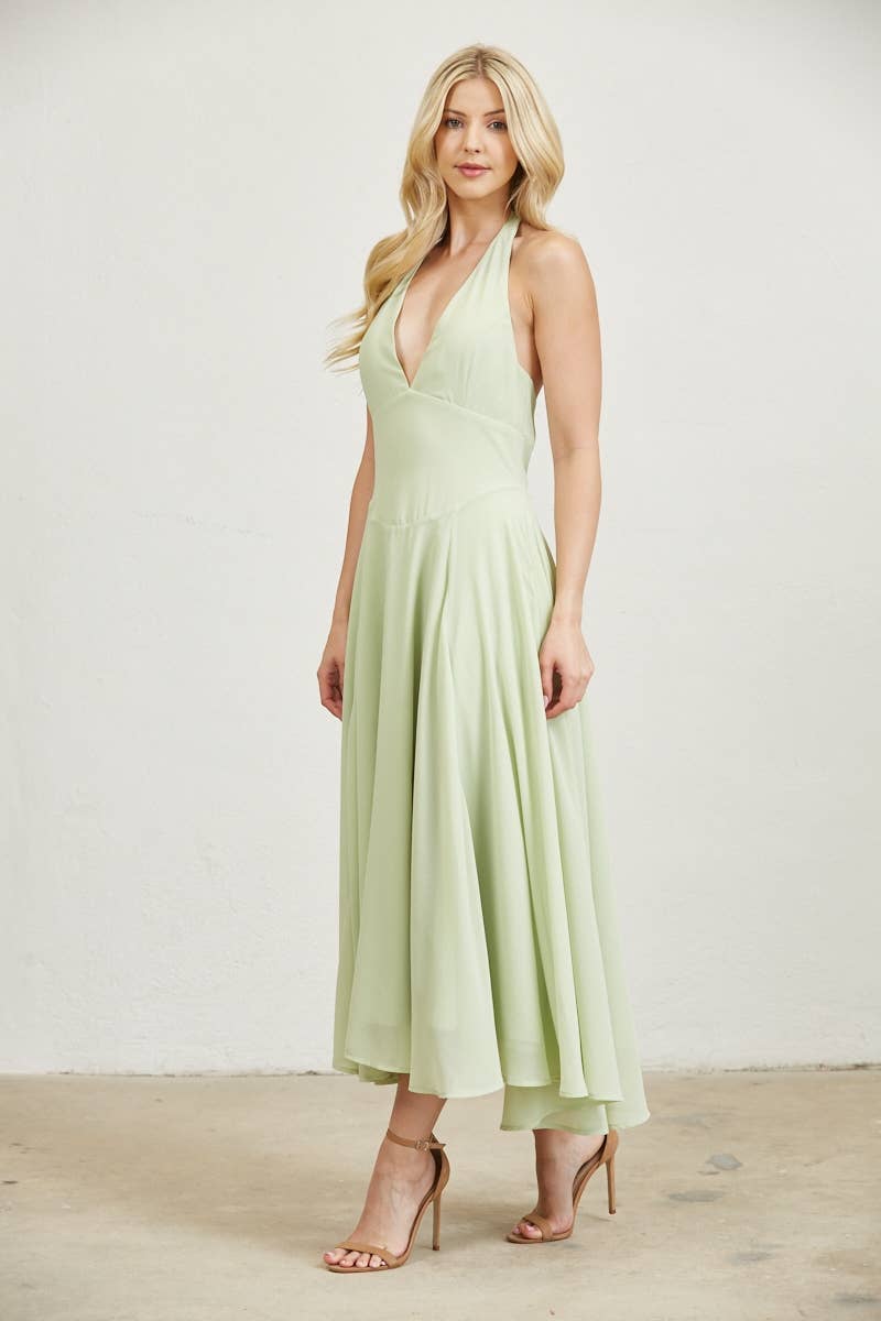 Plunge Neckline Halter Flare Chiffon Midi Dress