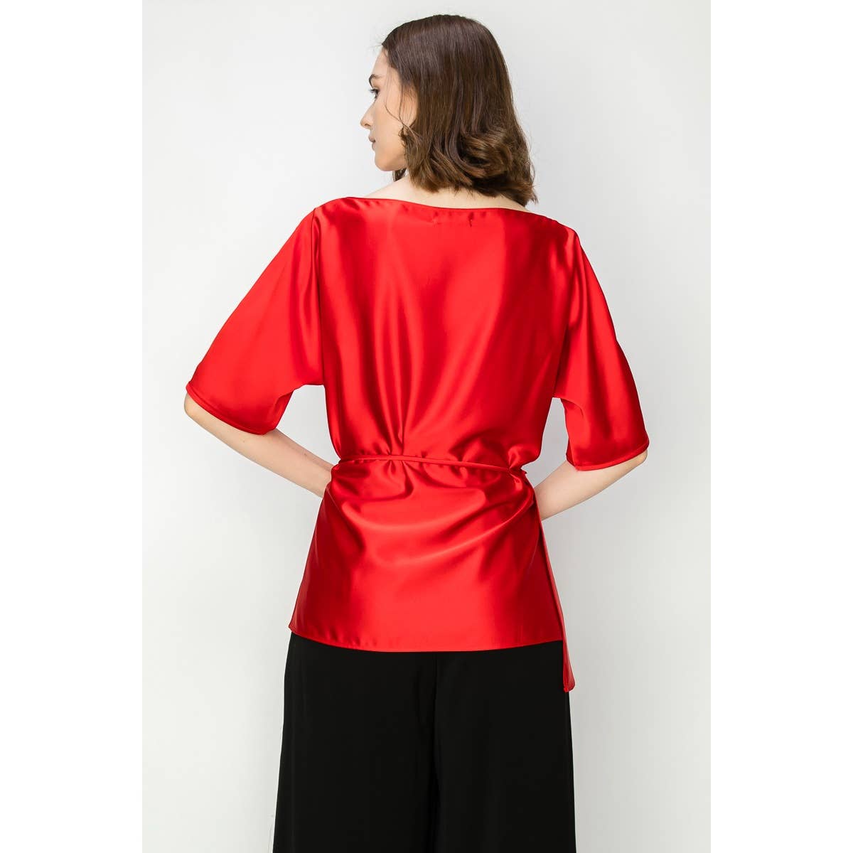Satin Short Sleeve Side WrapTie Blouse