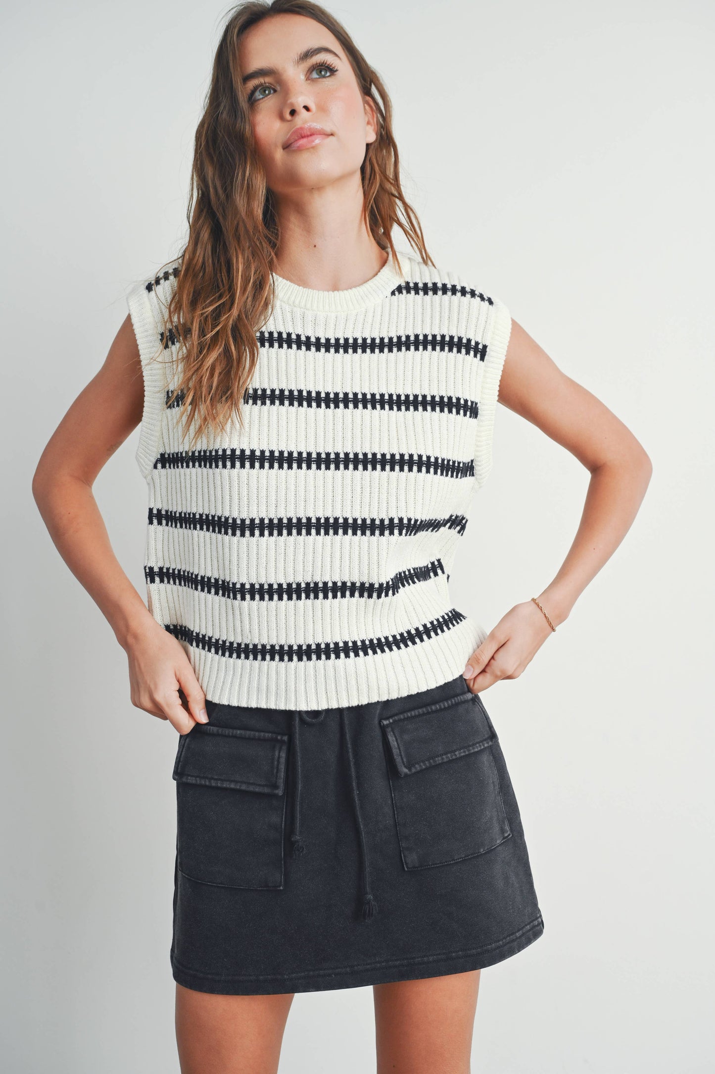 Crew Neck Striped Knit Tank Top