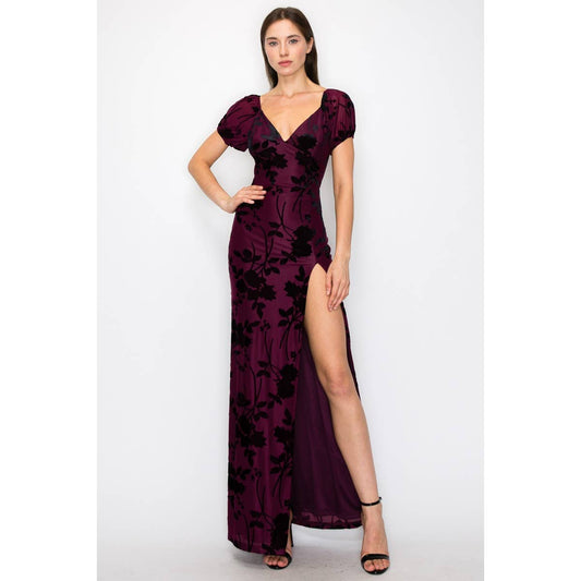 INA - Burn out velvet floral print high slit maxi dress