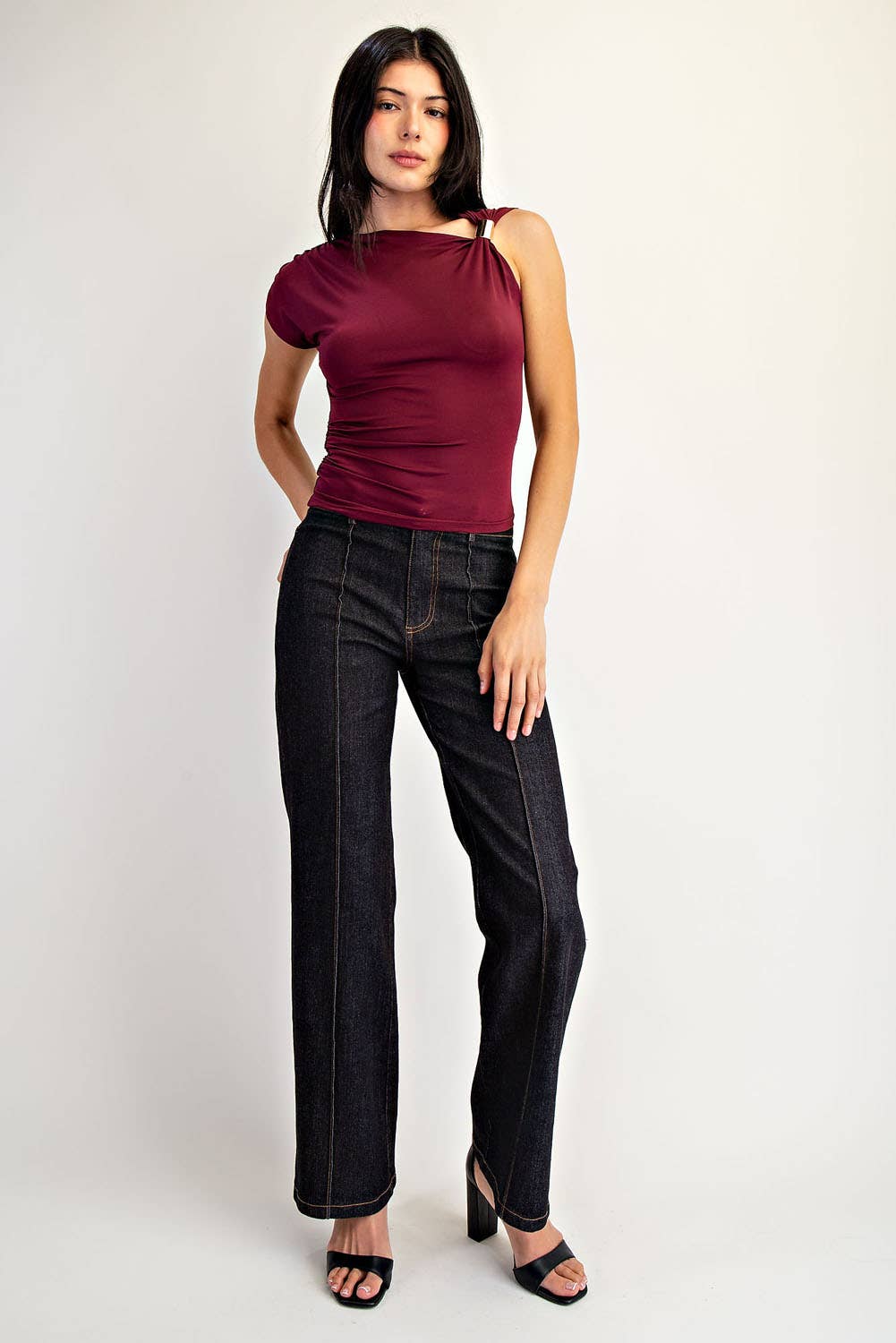 Edit by Nine - Asymmetrical Shoulder Ruched Top with Gold Trim