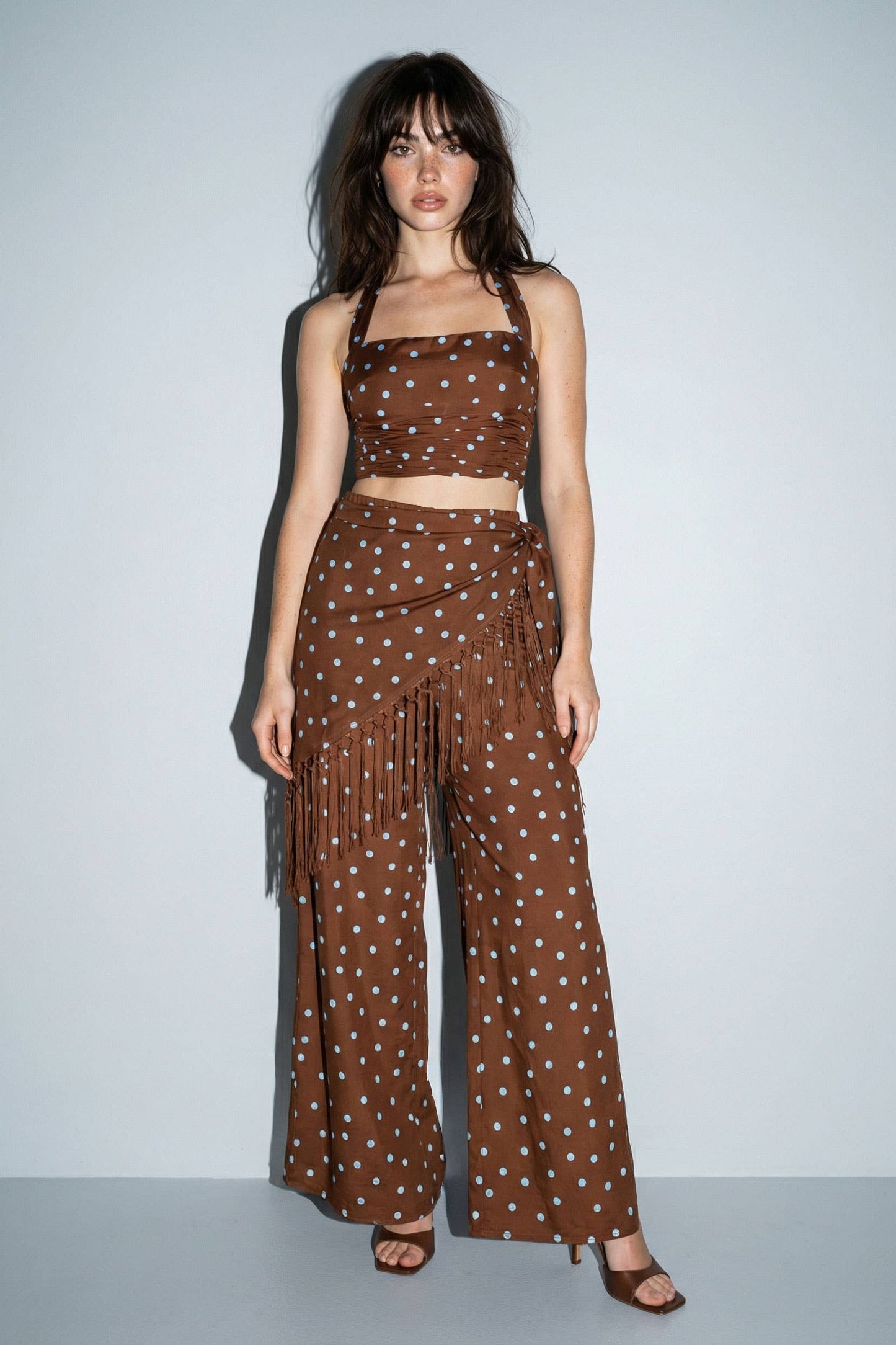 SKYLAR ROSE - Polka Dot Halter Top and Fringe Pants Set - YELLOW COMBO / S
