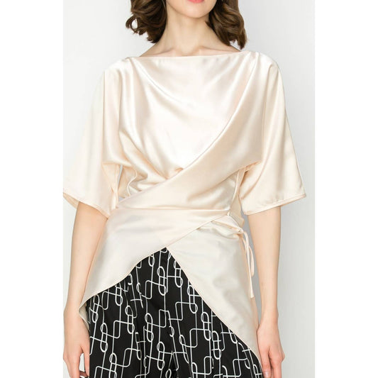 Satin Short Sleeve Side WrapTie Blouse