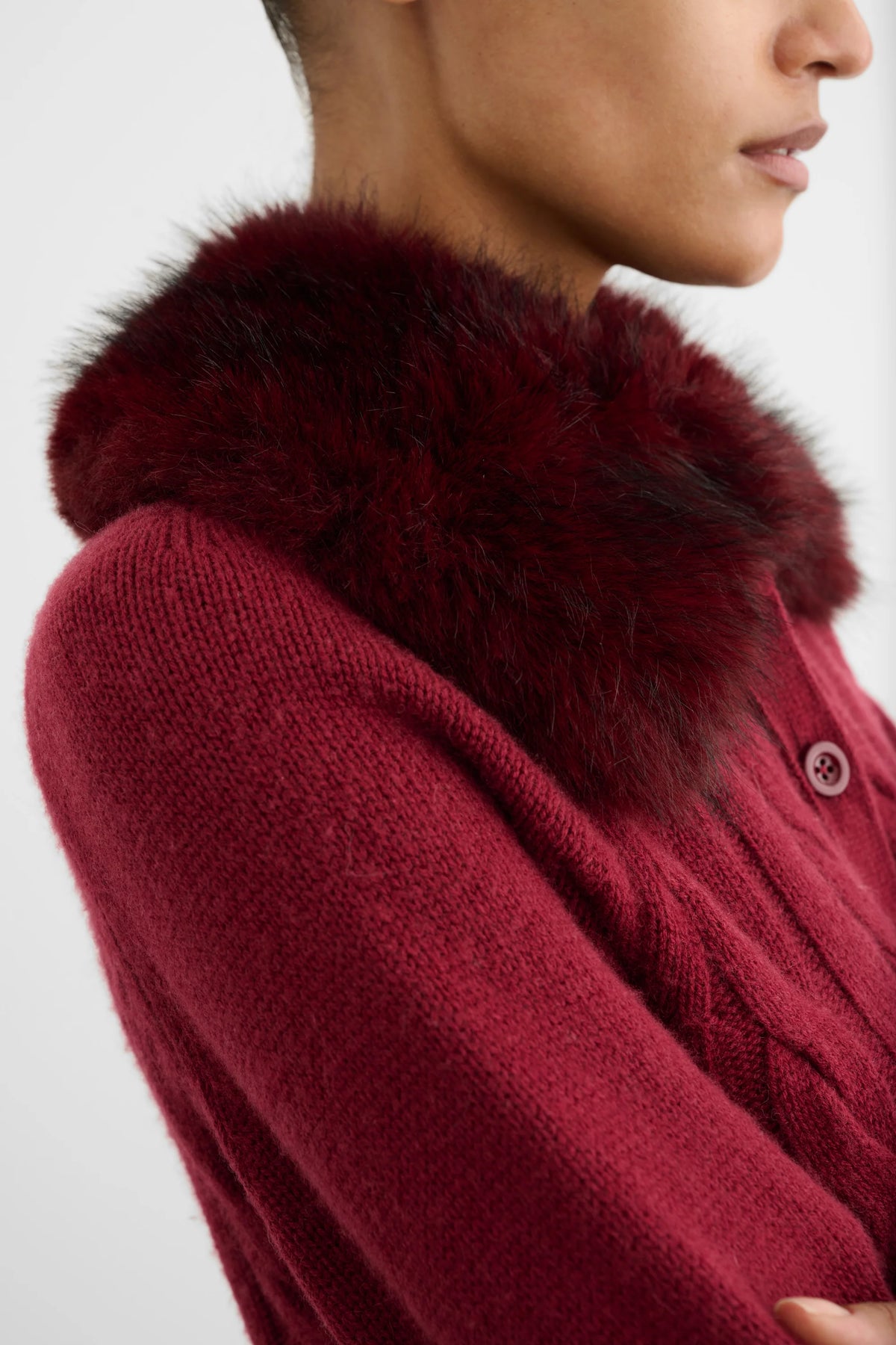 Rita Cable Knit Cardigan with Fur Collar