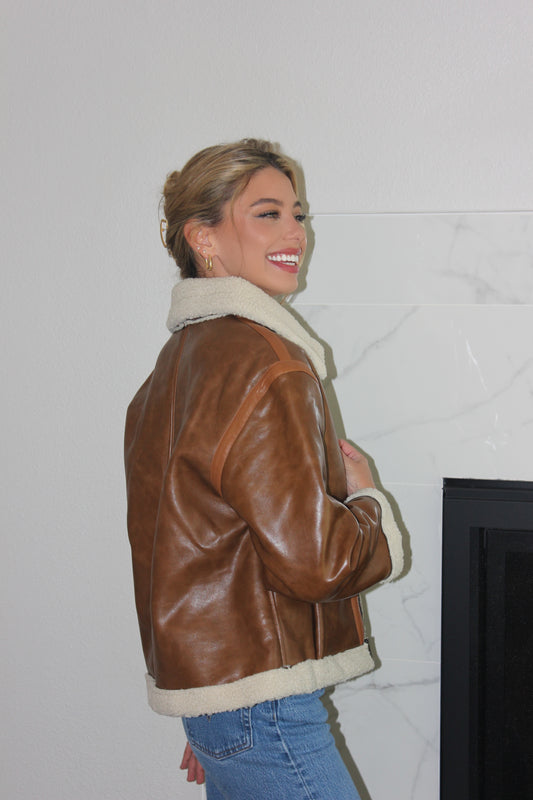 Vintage Style Sherpa Accent Faux Leather Jacket