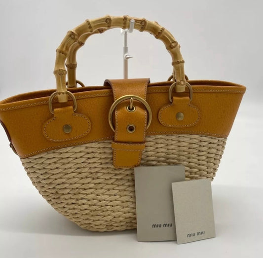Vintage Miu Miu bamboo handle straw bag