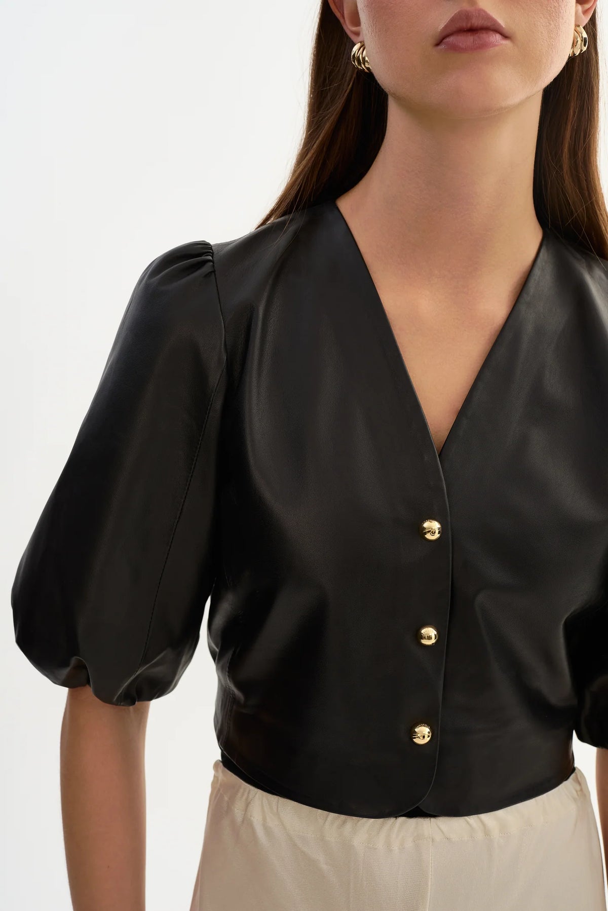 Franka Balloon Sleeve Leather Blouse