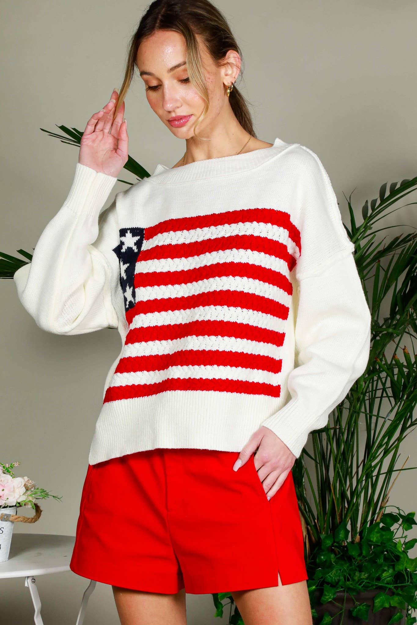 USA Flag Boat Neck Knit Sweater Top VT82059