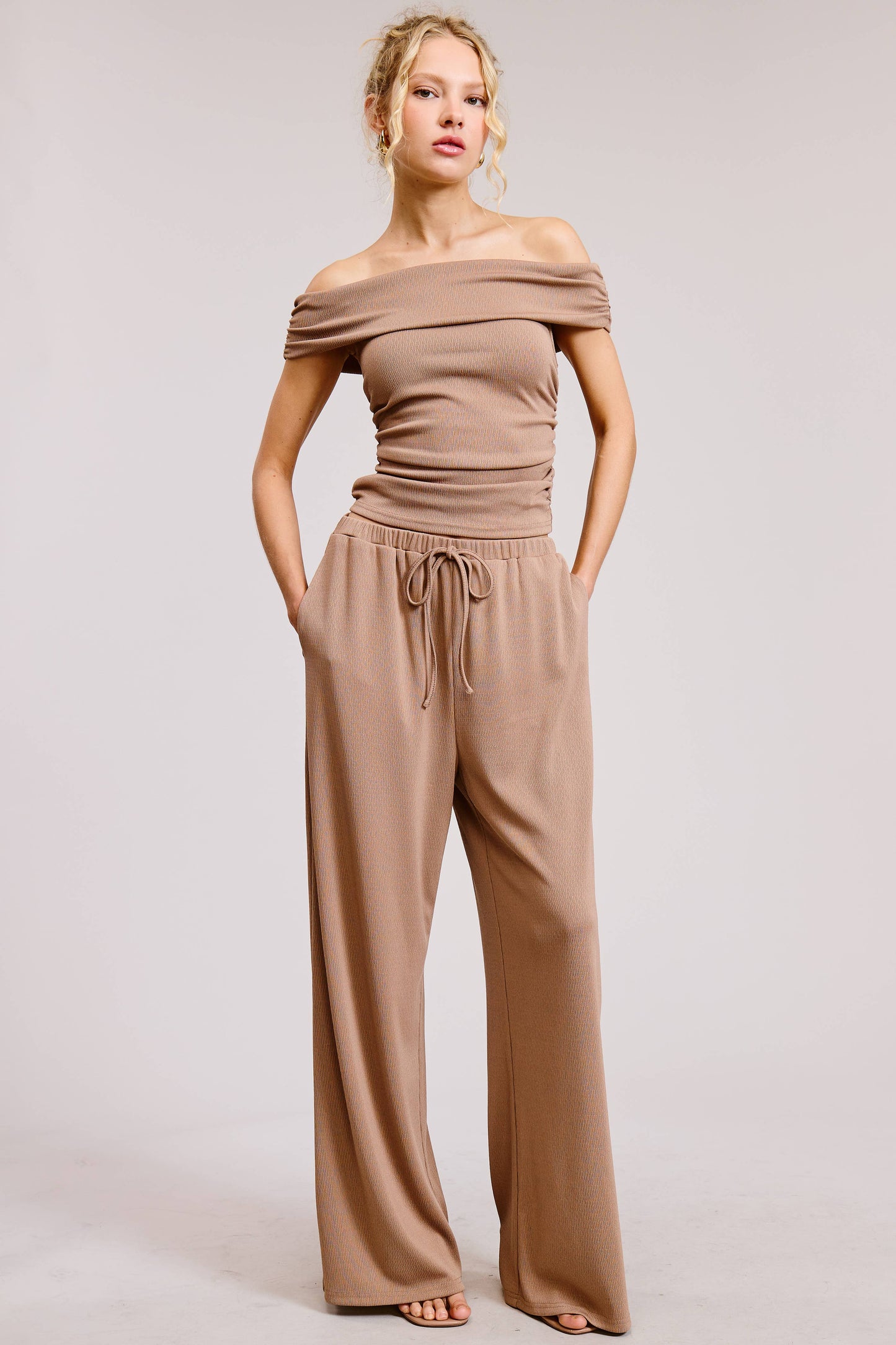 Mimosa - Off Shoulder Pants Set with Ruched Top