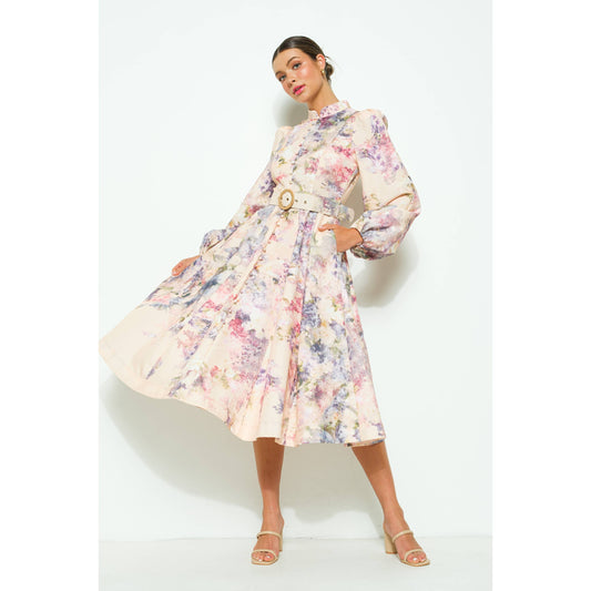 Long Sleeves Floral Print Belted-Waist Midi Dressy