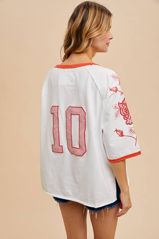 COTTON EMBROIDERED APPLIQUE RINGER TEE