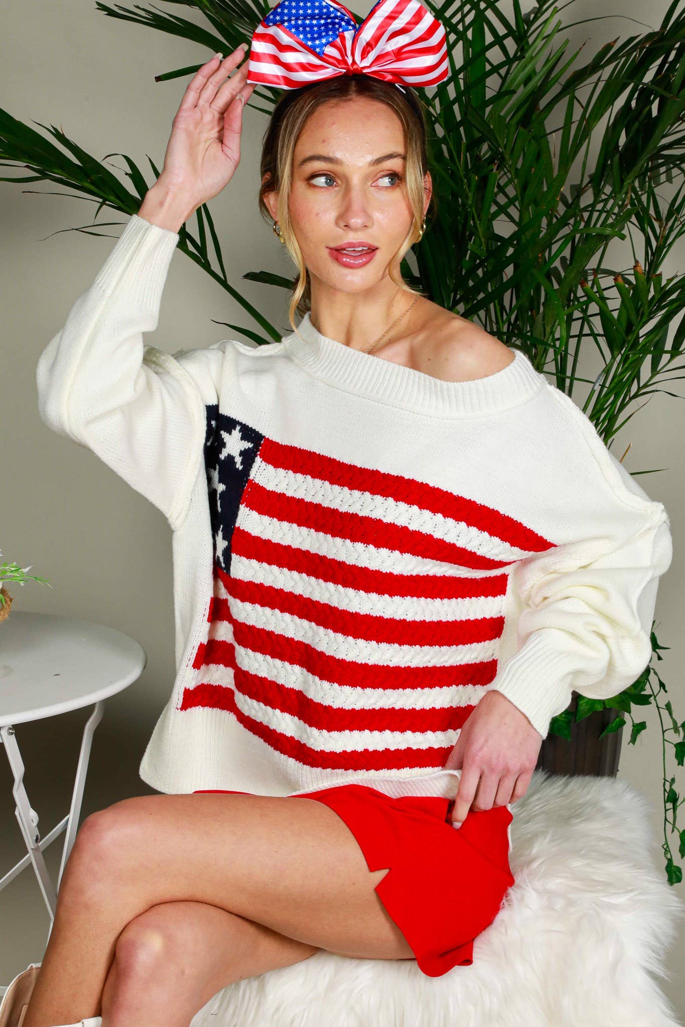 USA Flag Boat Neck Knit Sweater Top VT82059