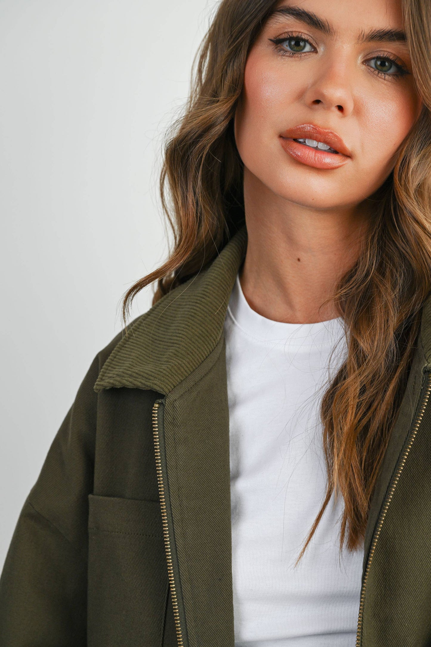 BUTTERMELON - Cord Collar Zip-Front Long Sleeve Jacket - BMJ7780 - KHAKI / S