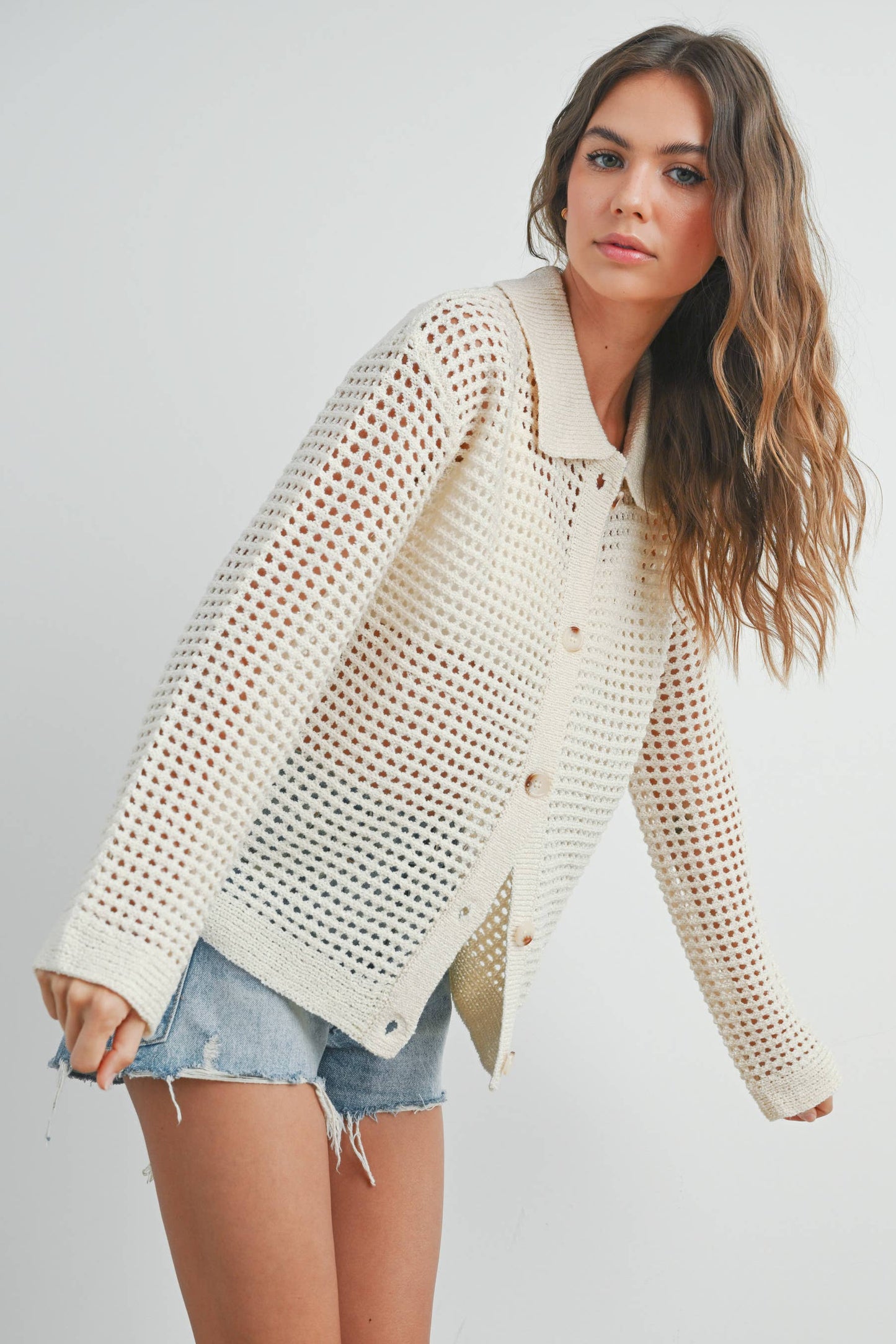 BUTTERMELON - Open Stitch Crochet Collar Cardigan - BMW7465 - Ivory / L