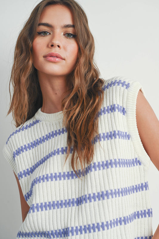 Crew Neck Striped Knit Tank Top