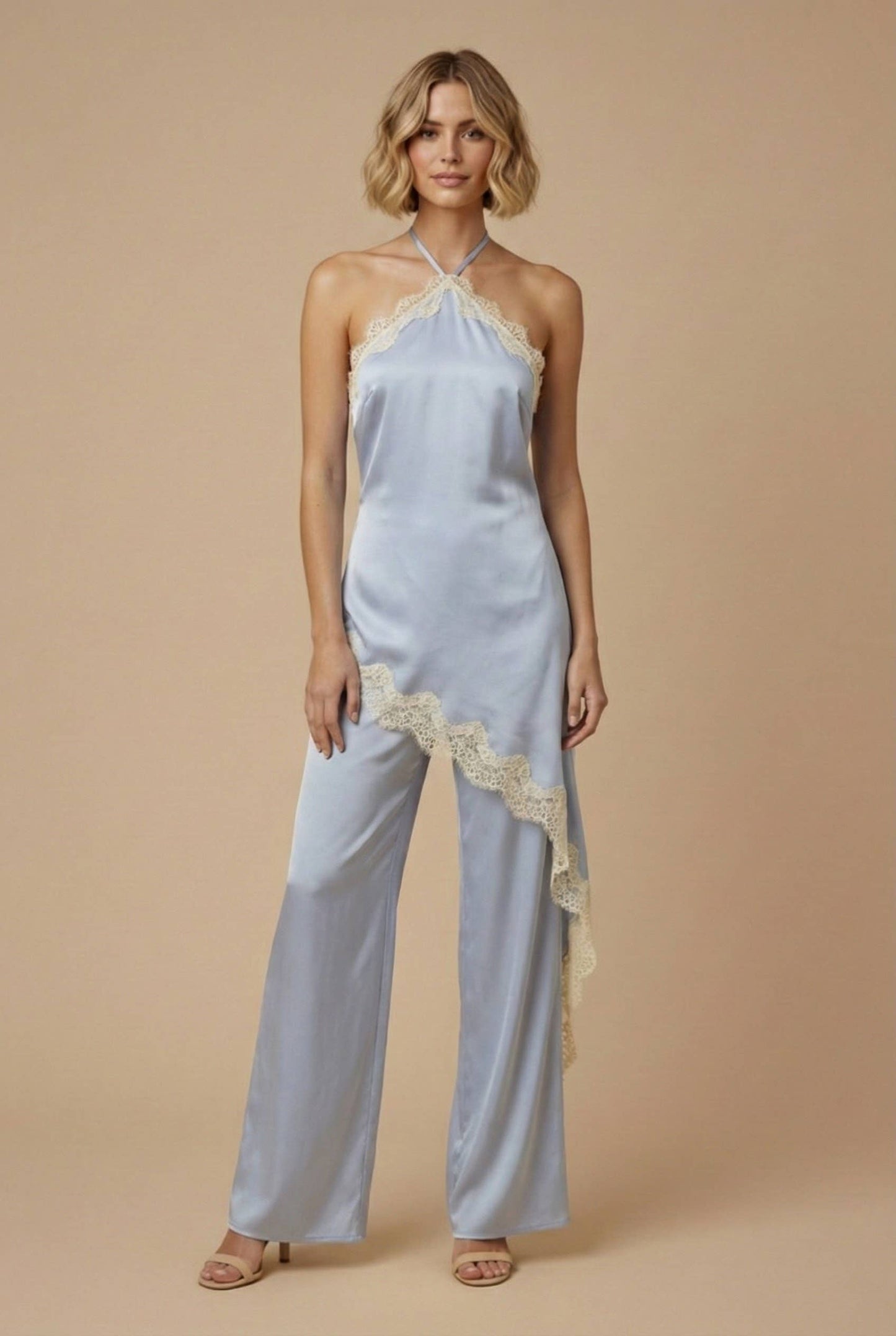 SKYLAR ROSE - Satin Lace Halter Jumpsuit - LIGHT BLUE / L