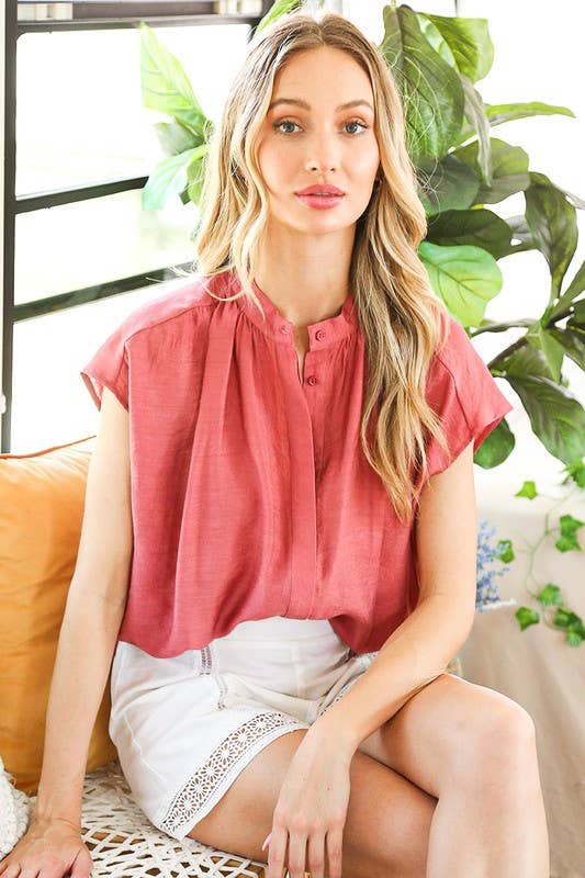 Henley Neckline Button Down Short Sleeve Top
