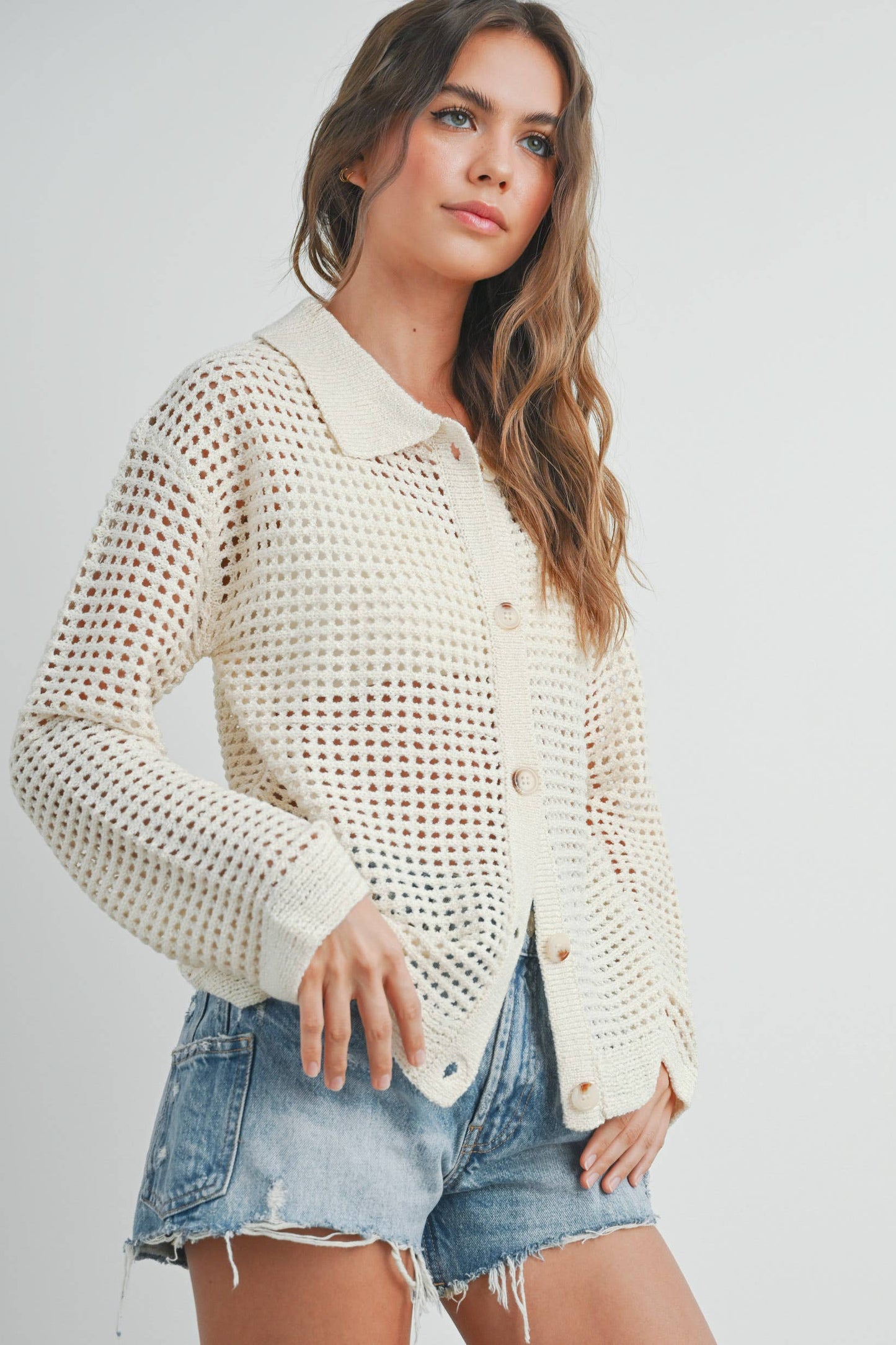BUTTERMELON - Open Stitch Crochet Collar Cardigan - BMW7465 - Ivory / M