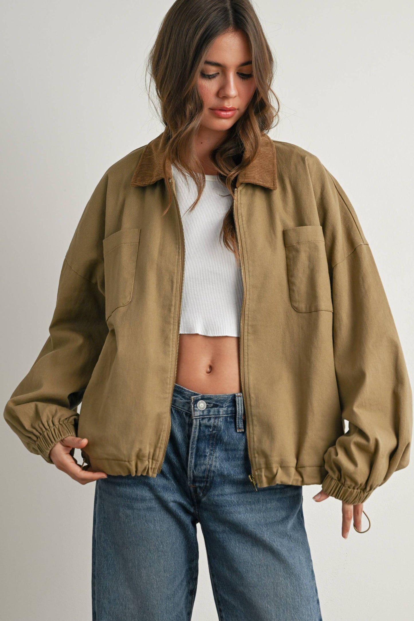 BUTTERMELON - Cord Collar Zip-Front Long Sleeve Jacket - BMJ7780 - KHAKI / M