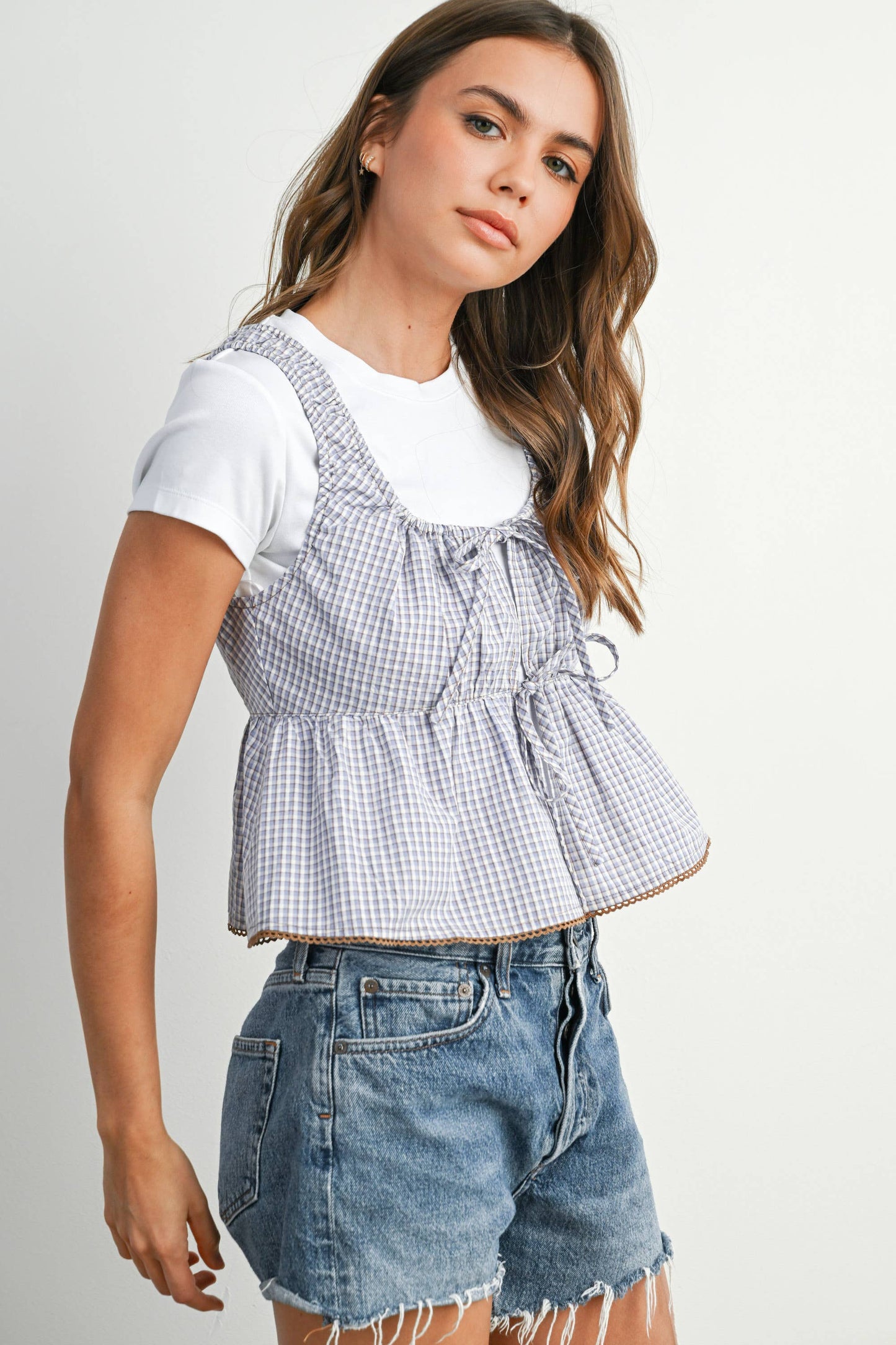 BUTTERMELON - Tie-Front Sleeveless Peplum Top - BMT7875 - BROWN MULTI / S