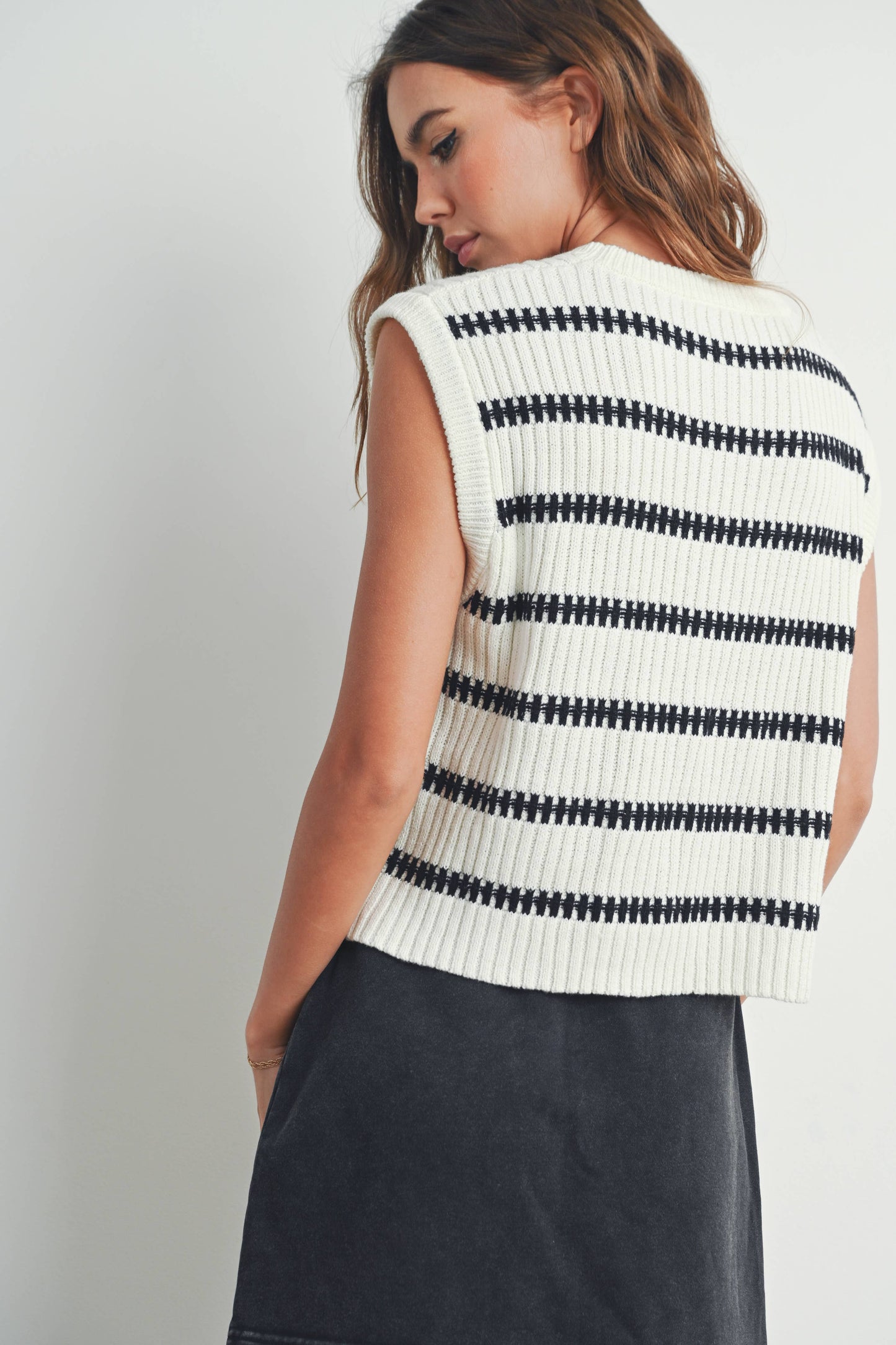 Crew Neck Striped Knit Tank Top
