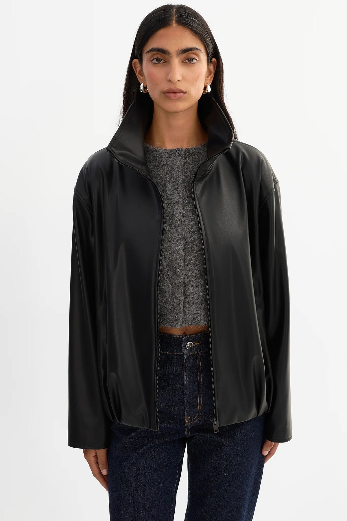 Denita Faux Leather Oversized Bomber Jacket