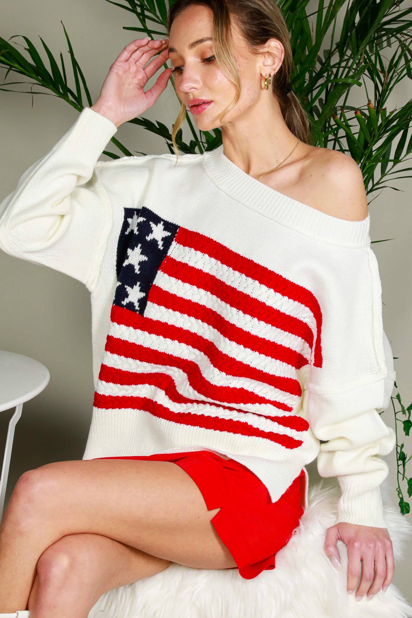 USA Flag Boat Neck Knit Sweater Top VT82059