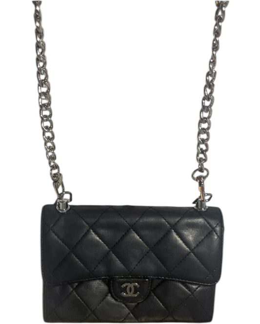 Authentic Chanel Quilted Leather Wallet on Chain – Black / Silver (Non-Chanel Chain)