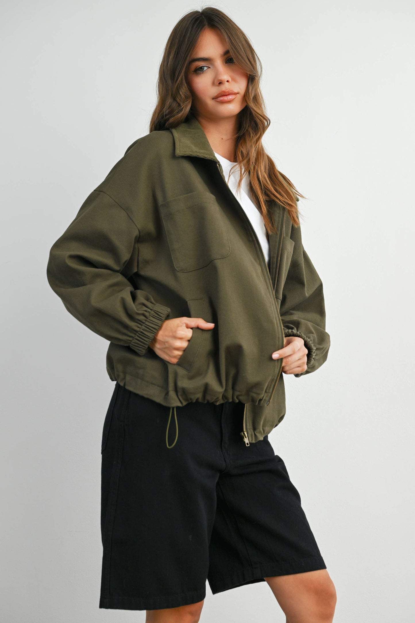 BUTTERMELON - Cord Collar Zip-Front Long Sleeve Jacket - BMJ7780 - KHAKI / L