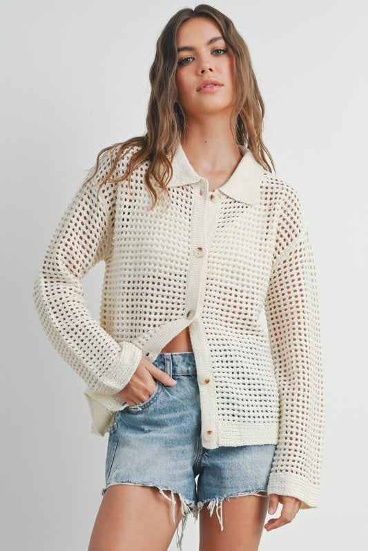 BUTTERMELON - Open Stitch Crochet Collar Cardigan - BMW7465 - Ivory / M