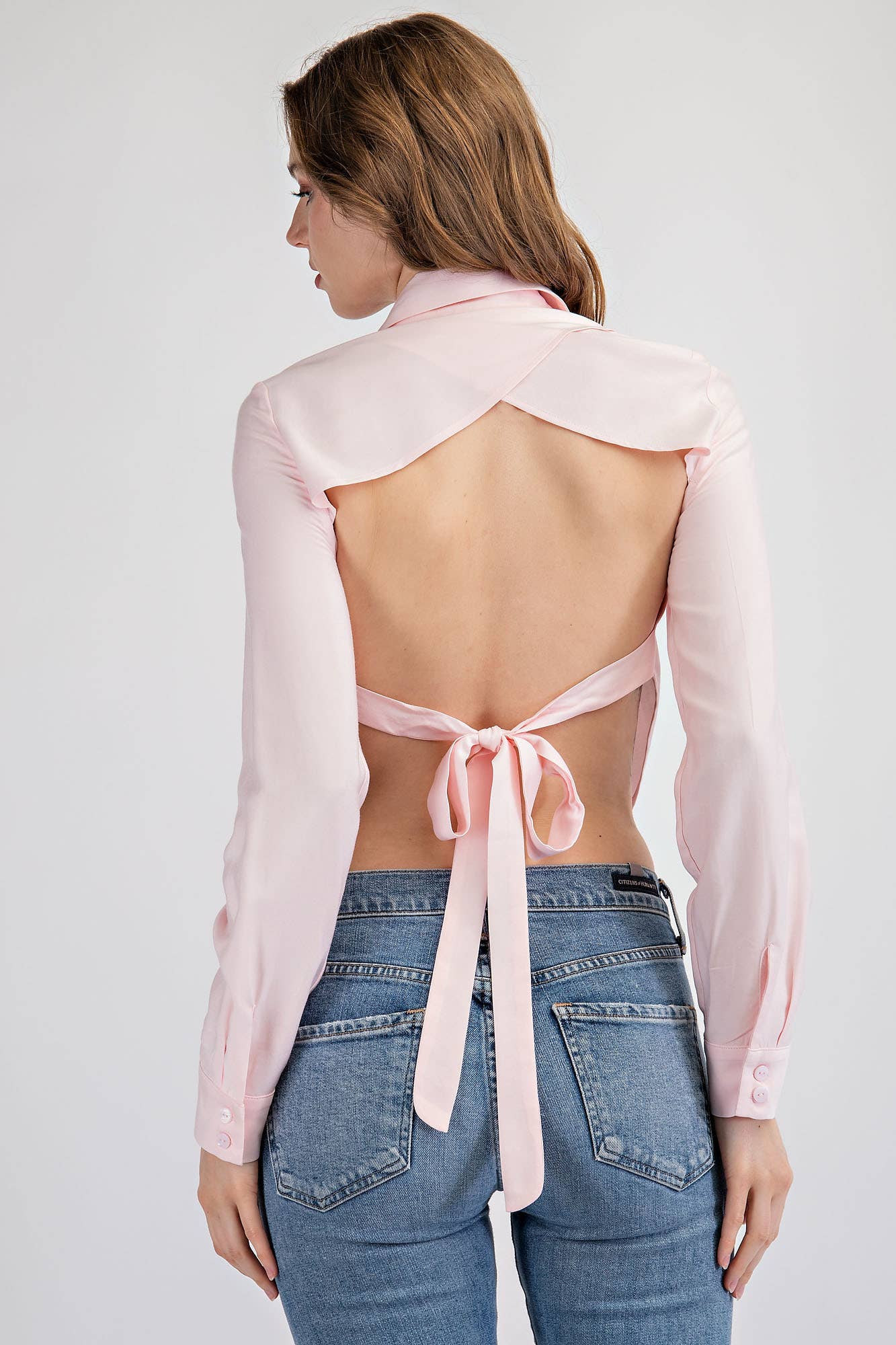 Button Down Crop Top With Open Back And Tie