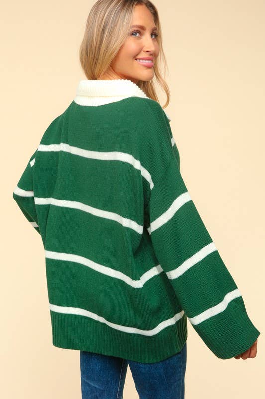 Collar Notched Neck Stripe Sweater Knit Top