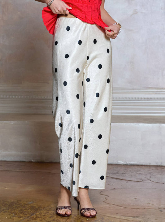 Current Air - Polka Dot Elastic Waist Full Length Pants - Oyster / XS