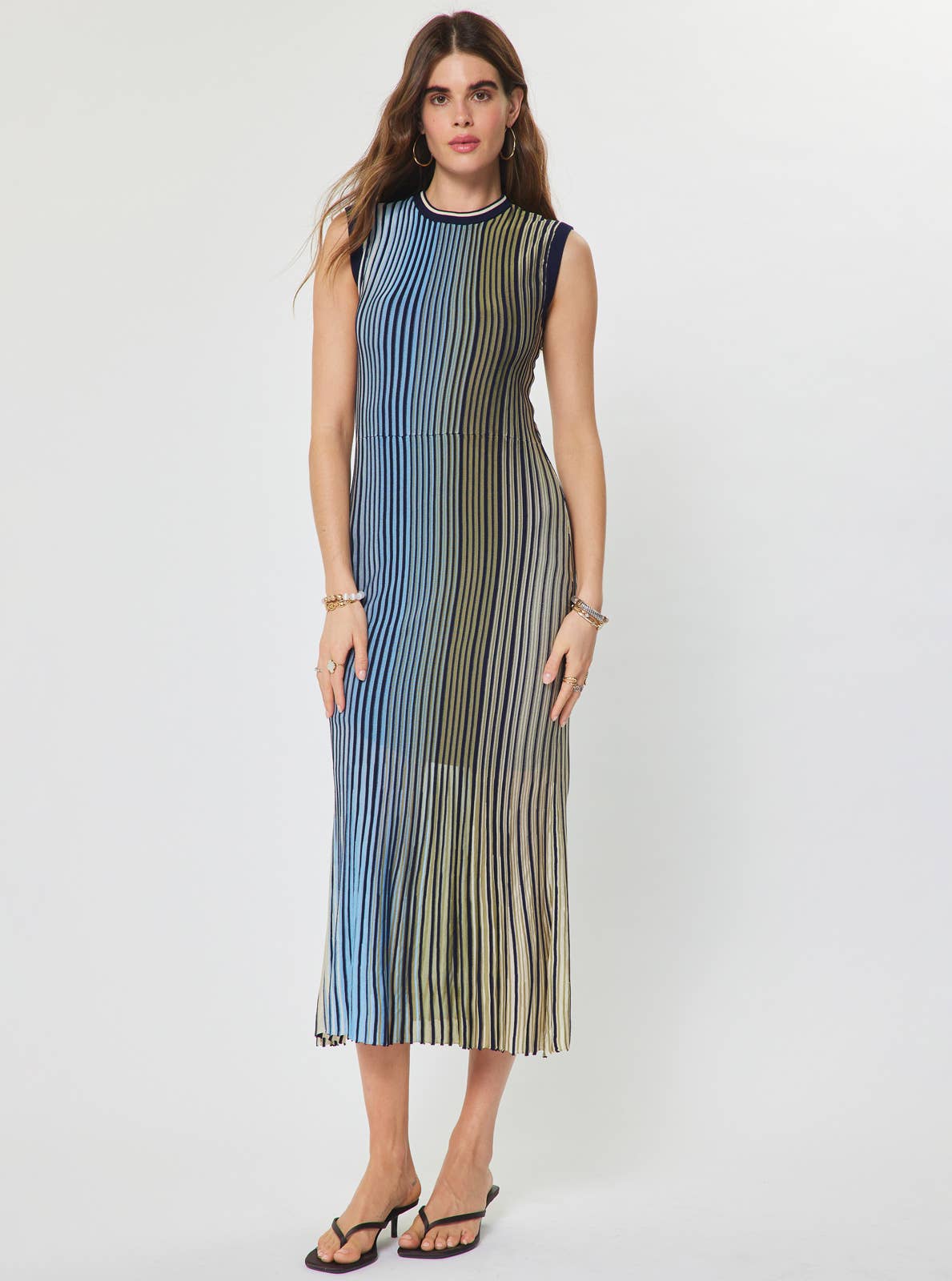 Current Air - Striped Knit Midi Dress - Green Blue Multi / XS