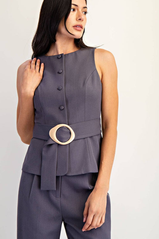 Sleeveless Belted Button Detail Woven Vest