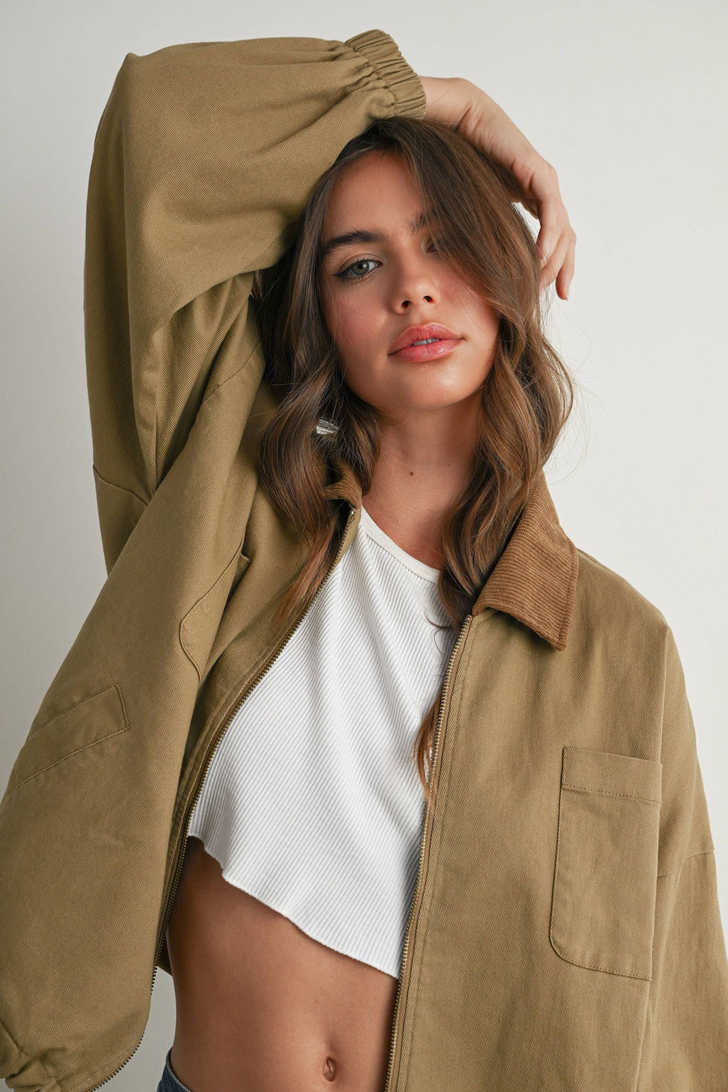 BUTTERMELON - Cord Collar Zip-Front Long Sleeve Jacket - BMJ7780 - KHAKI / S