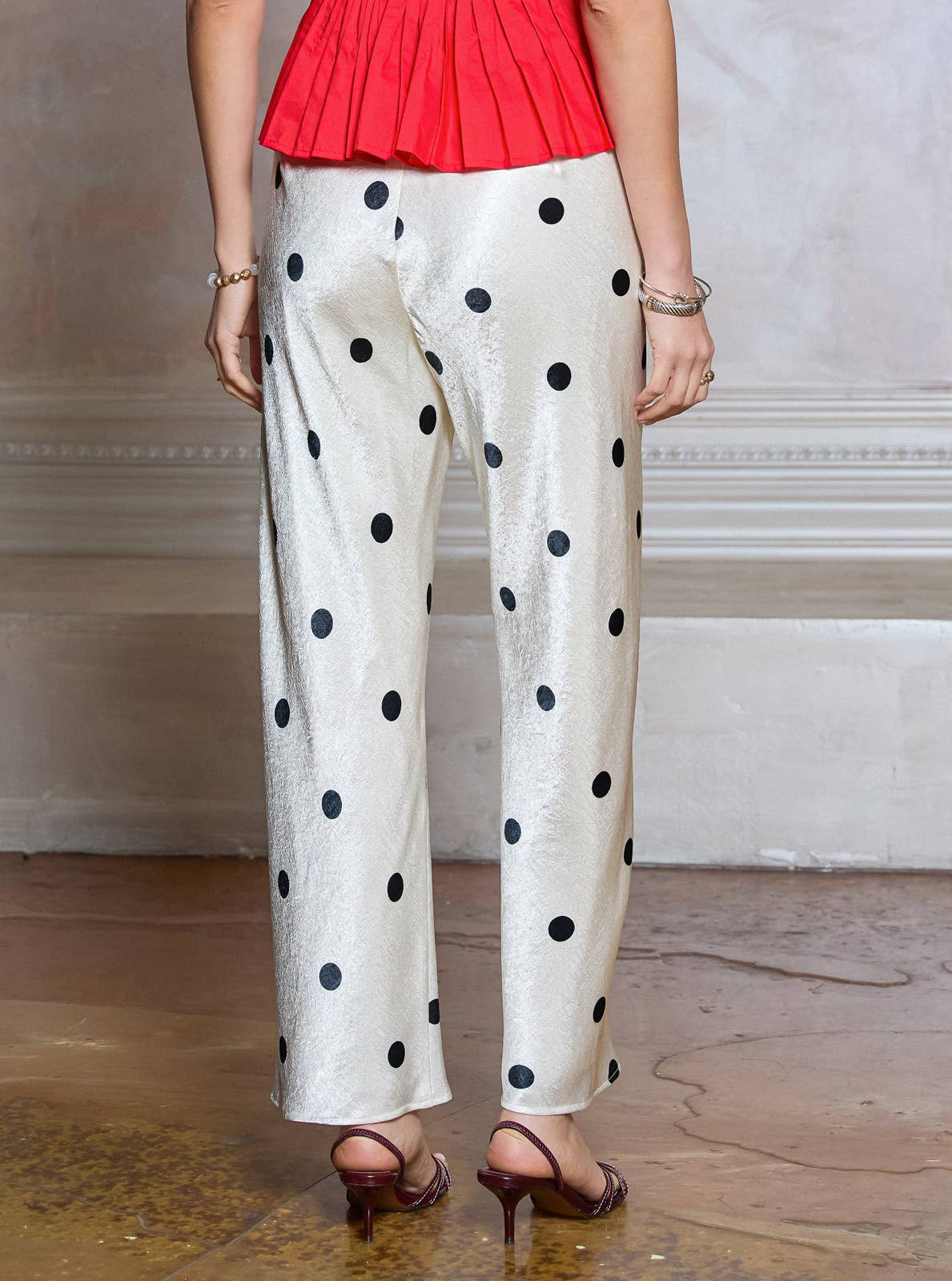 Current Air - Polka Dot Elastic Waist Full Length Pants - Oyster / XS
