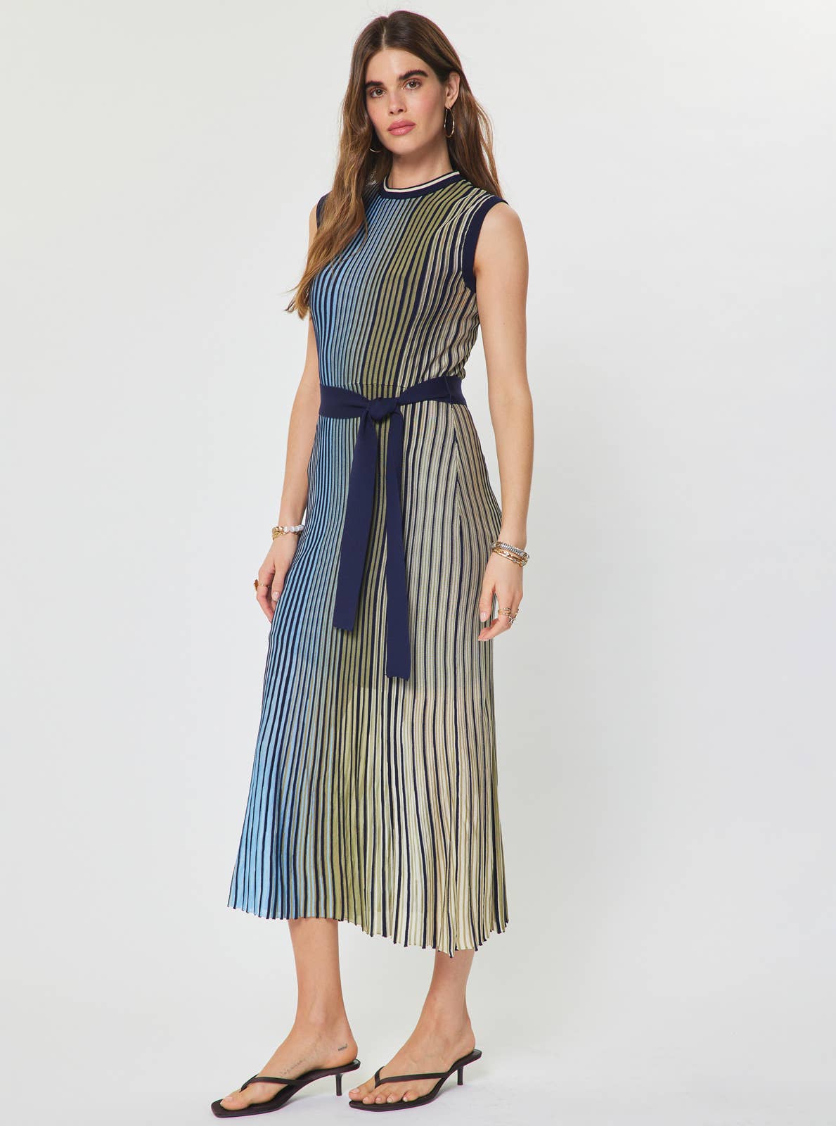 Current Air - Striped Knit Midi Dress - Green Blue Multi / XS