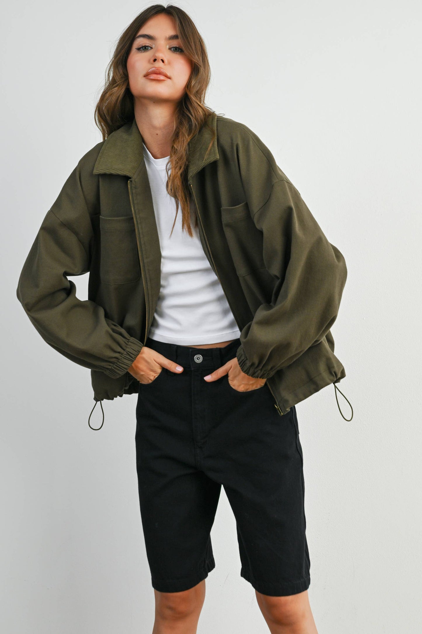 BUTTERMELON - Cord Collar Zip-Front Long Sleeve Jacket - BMJ7780 - KHAKI / M