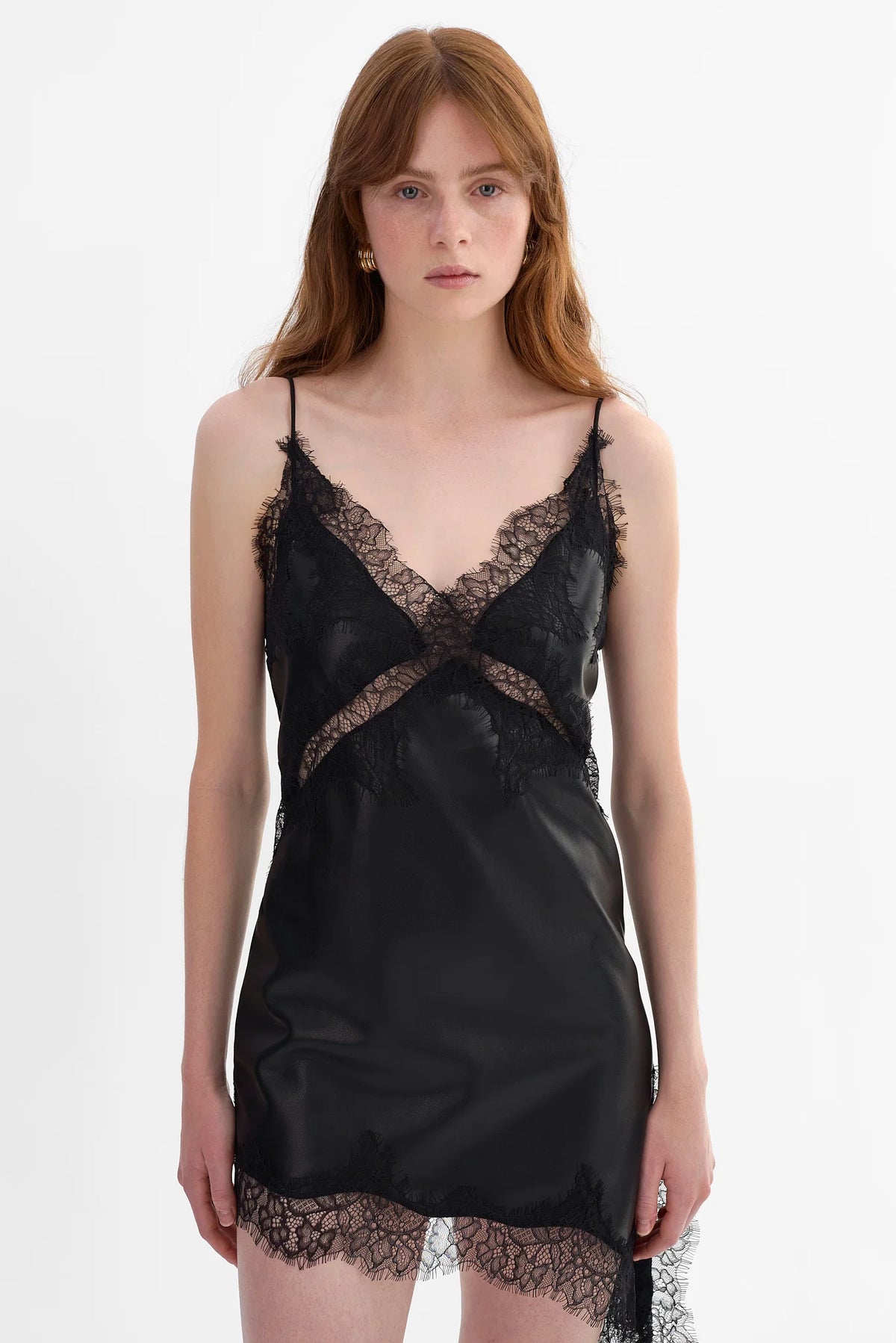 Paulina Lace Trim Faux Leather Mini Dress