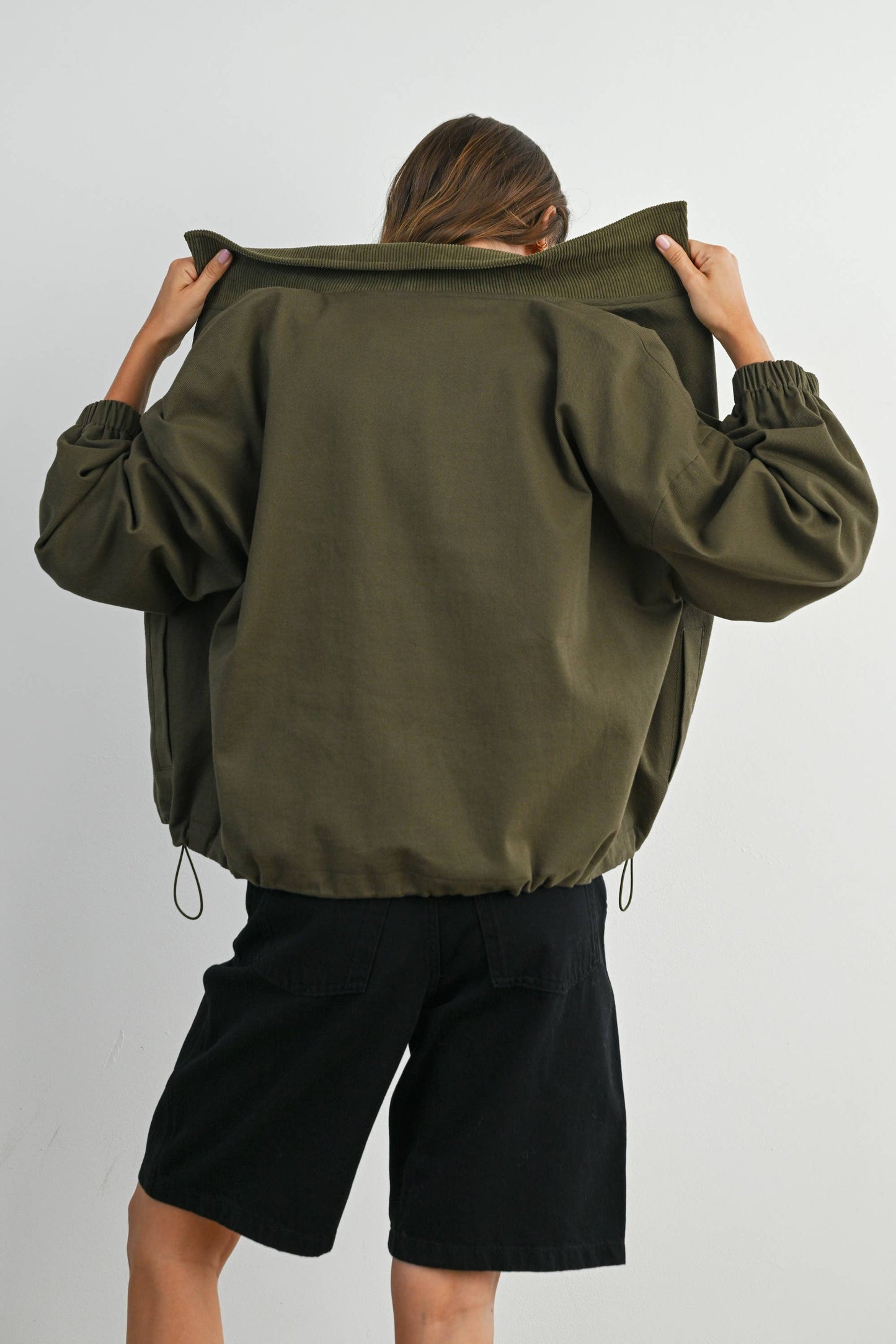 BUTTERMELON - Cord Collar Zip-Front Long Sleeve Jacket - BMJ7780 - KHAKI / M
