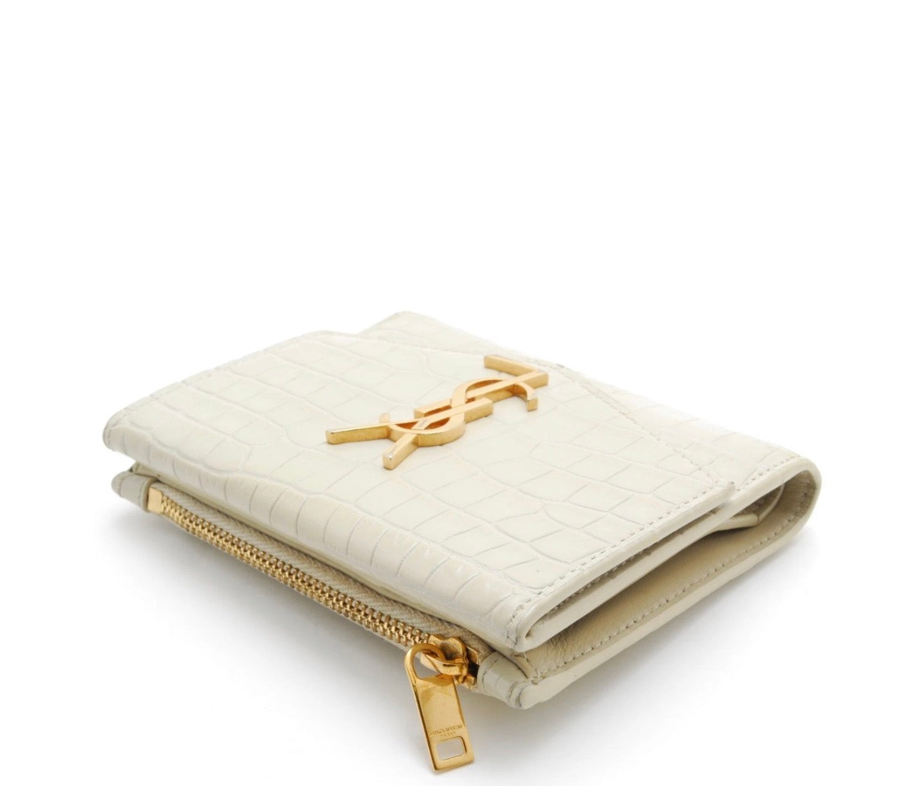 YSL Monogram Compact Wallet – Croc-Embossed Leather in Cream with Gold Hardware