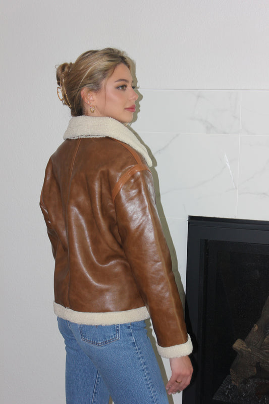 Vintage Style Sherpa Accent Faux Leather Jacket