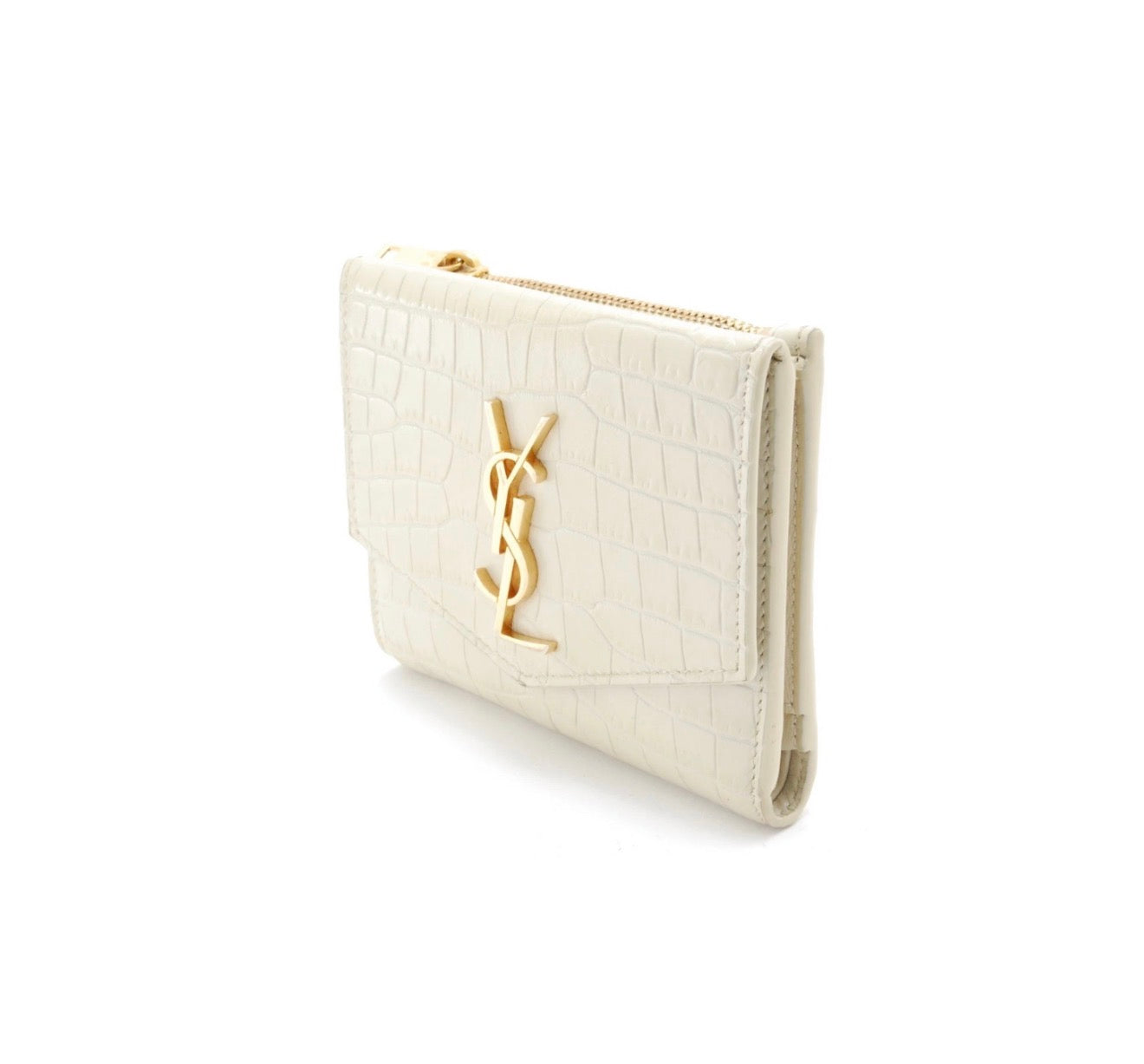 YSL Monogram Compact Wallet – Croc-Embossed Leather in Cream with Gold Hardware